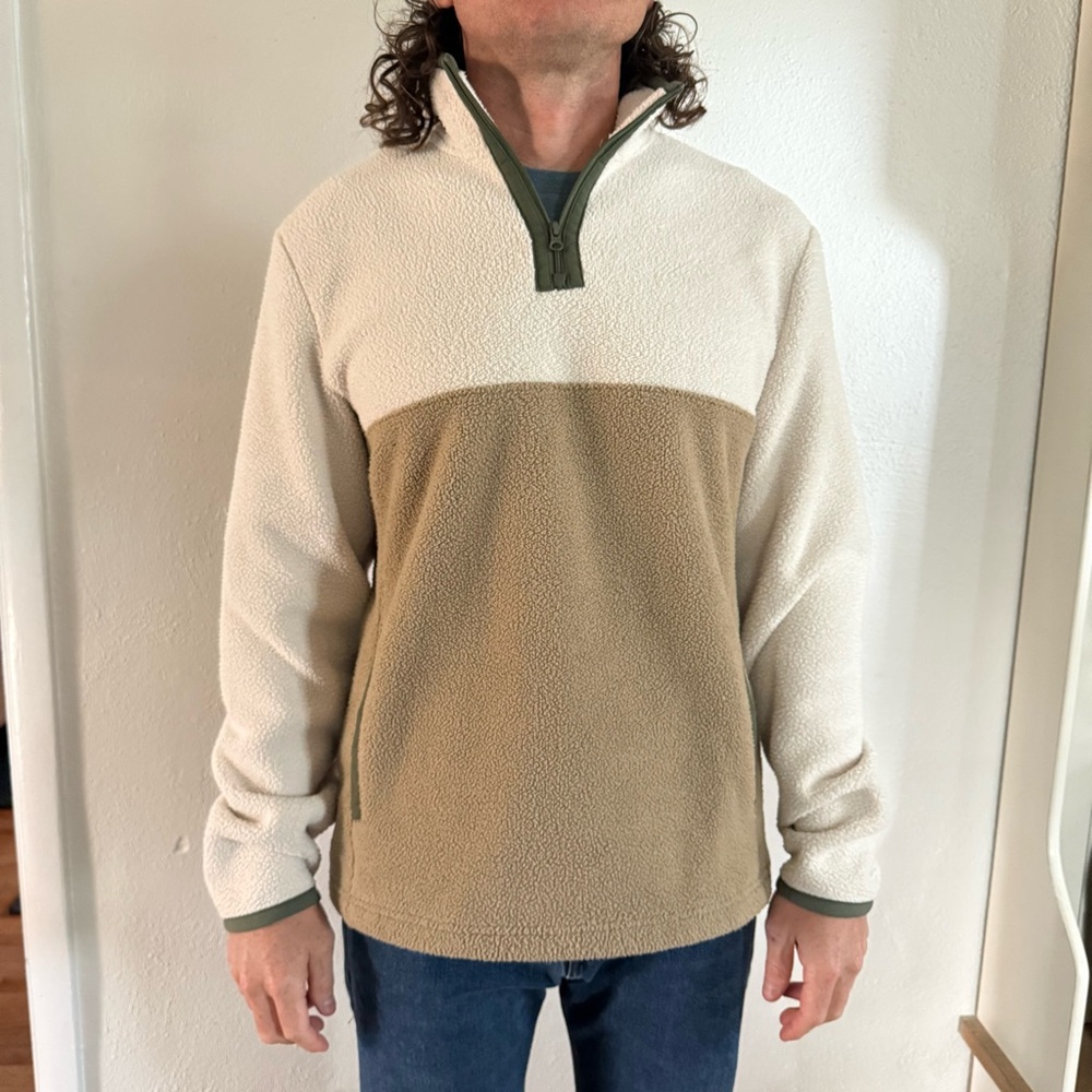 Sonoma Fleece Quarter Zip Sweatshirt Tan/Cream with Olive Green Zipper & Lining